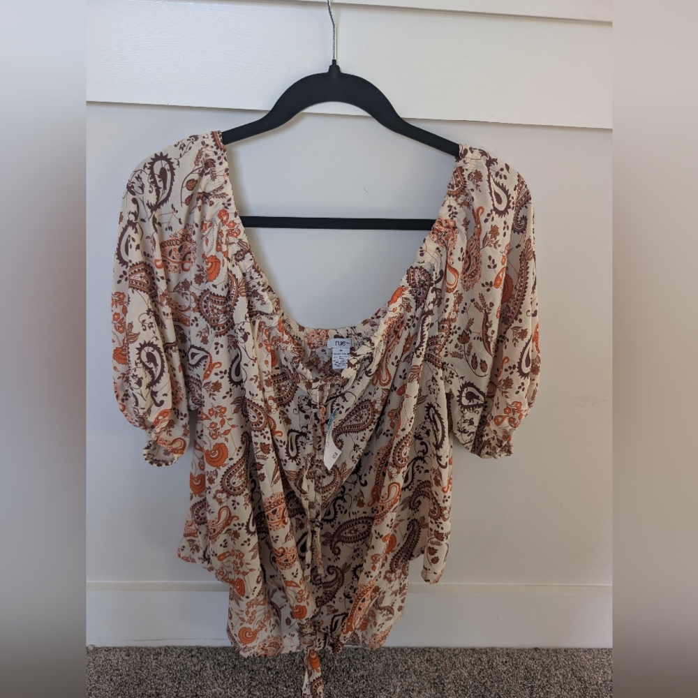 Orange and Brown Puff Sleeve Ruched Blouse